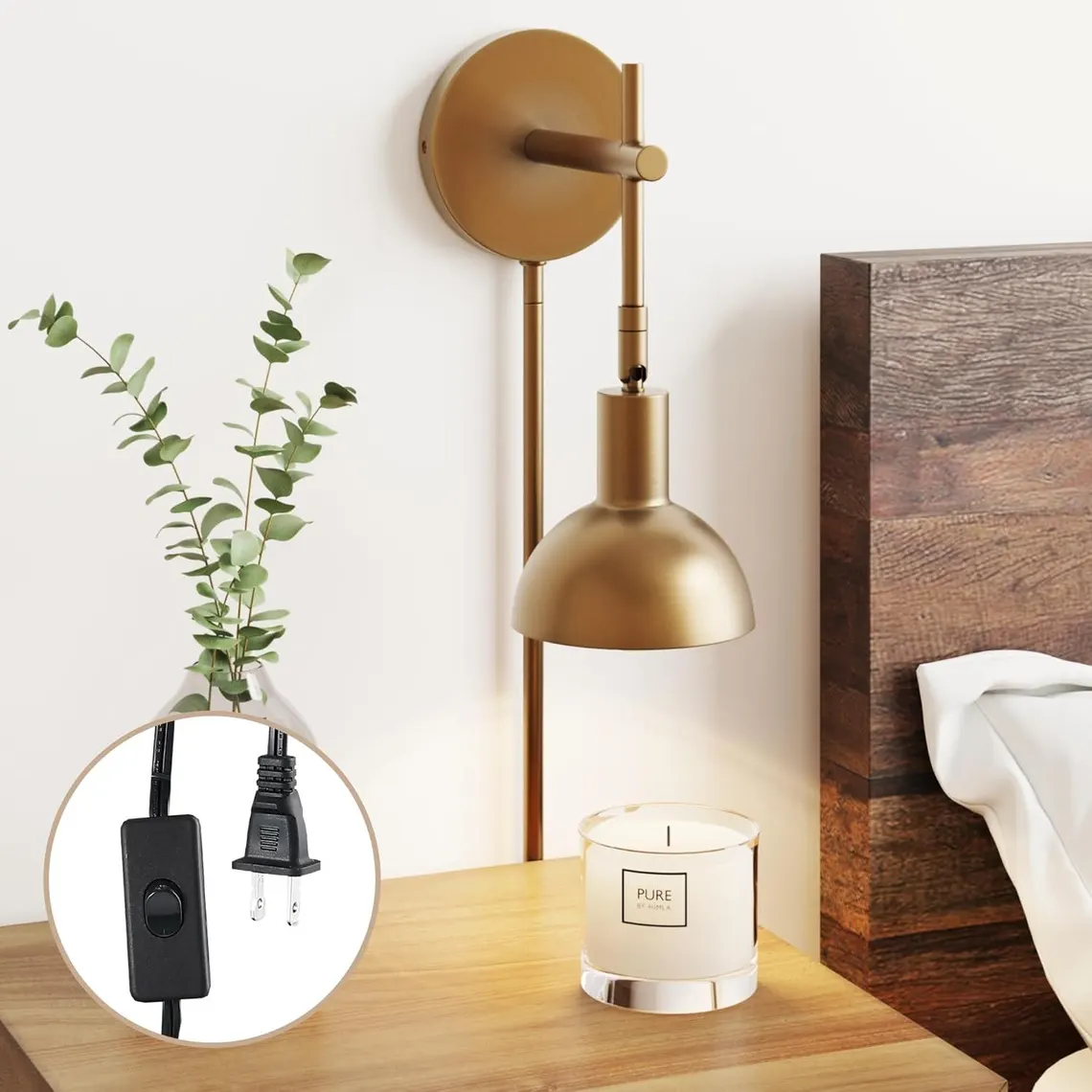 Modern Brass Dome Wall Sconce — Adjustable Plug-In or Hardwired Wall Light