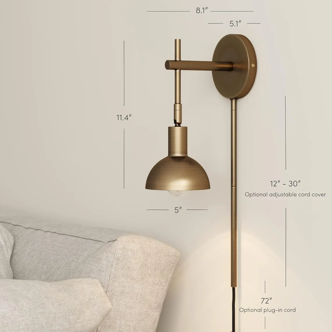 Modern Brass Dome Wall Sconce — Adjustable Plug-In or Hardwired Wall Light