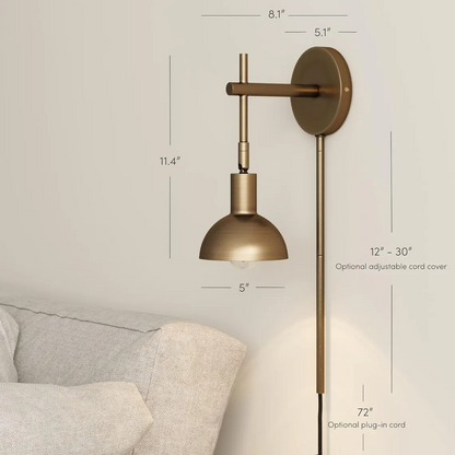Modern Brass Dome Wall Sconce — Adjustable Plug-In or Hardwired Wall Light