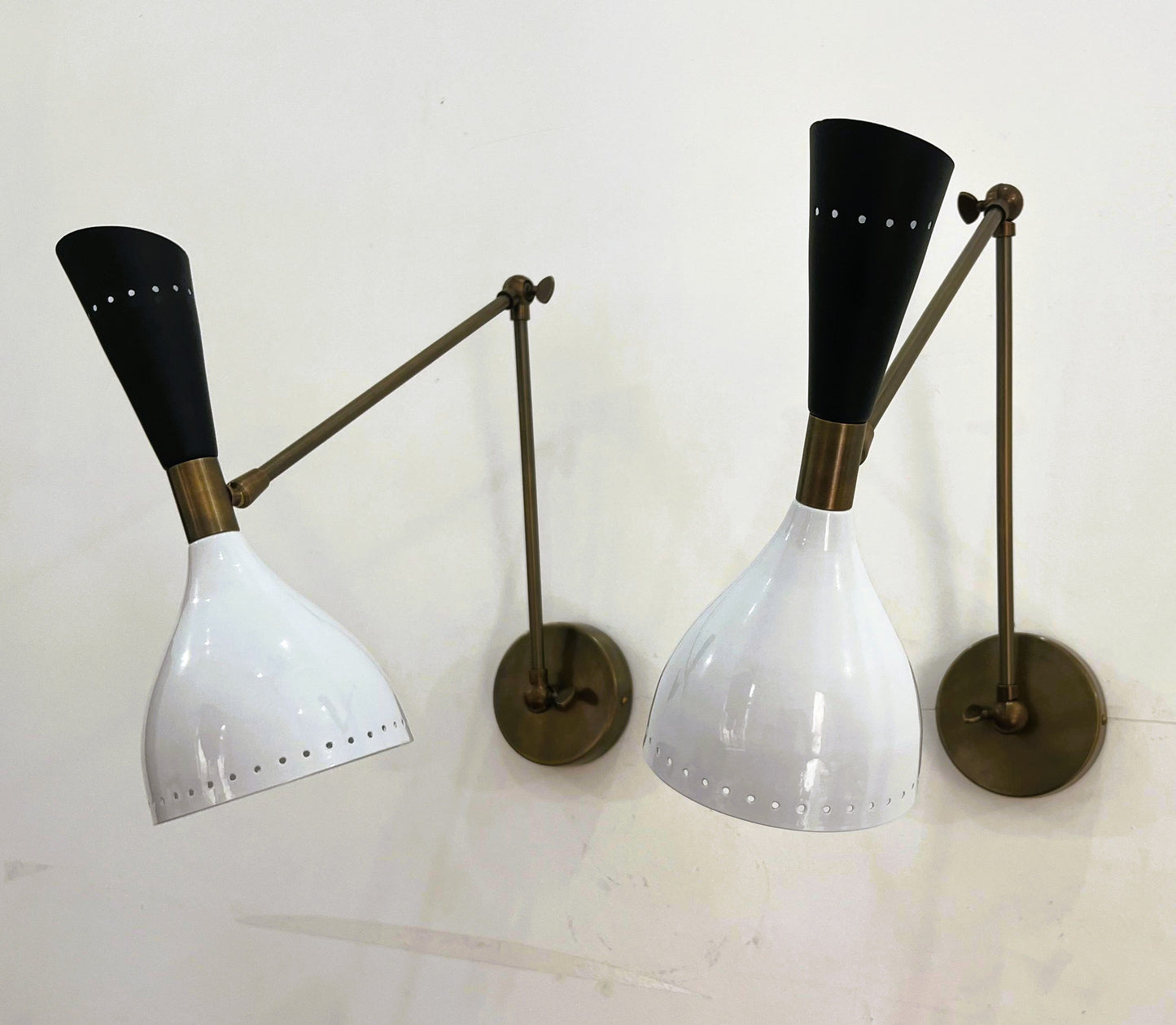 Italian Mid-Century Stilnovo-Style Brass Wall Sconce — Black & White Diabolo Shade with Articulating Arm