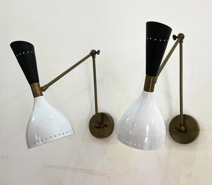 Italian Mid-Century Stilnovo-Style Brass Wall Sconce — Black & White Diabolo Shade with Articulating Arm