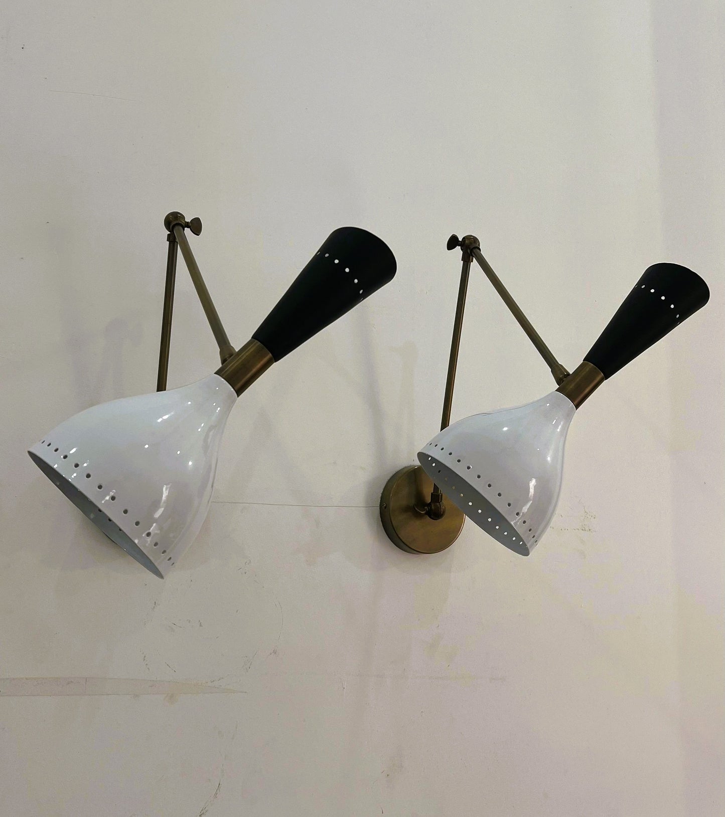 Italian Mid-Century Stilnovo-Style Brass Wall Sconce — Black & White Diabolo Shade with Articulating Arm