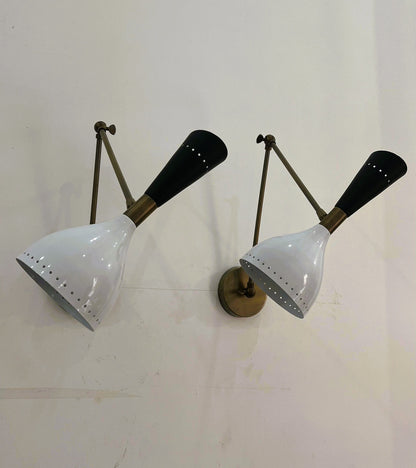 Italian Mid-Century Stilnovo-Style Brass Wall Sconce — Black & White Diabolo Shade with Articulating Arm