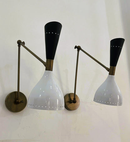 Italian Mid-Century Stilnovo-Style Brass Wall Sconce — Black & White Diabolo Shade with Articulating Arm