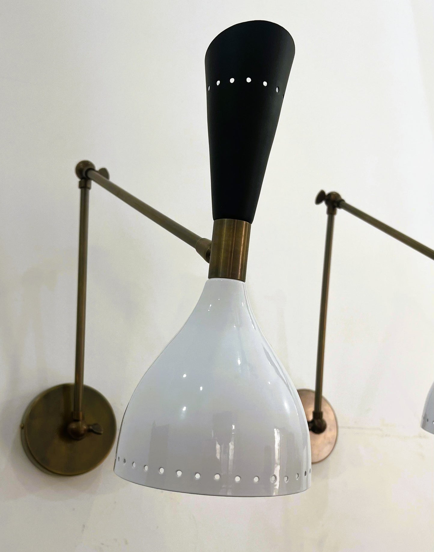 Italian Mid-Century Stilnovo-Style Brass Wall Sconce — Black & White Diabolo Shade with Articulating Arm