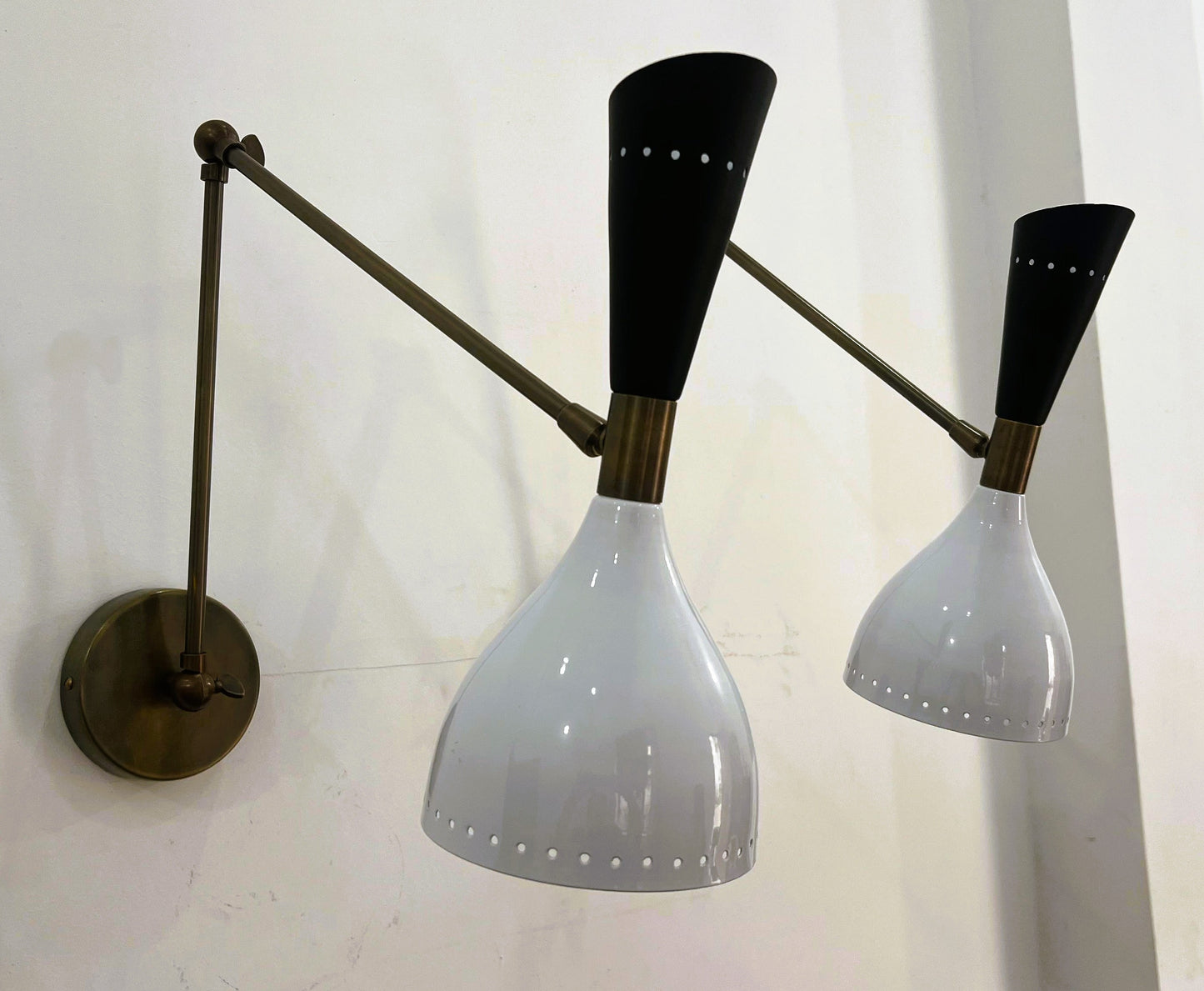 Italian Mid-Century Stilnovo-Style Brass Wall Sconce — Black & White Diabolo Shade with Articulating Arm