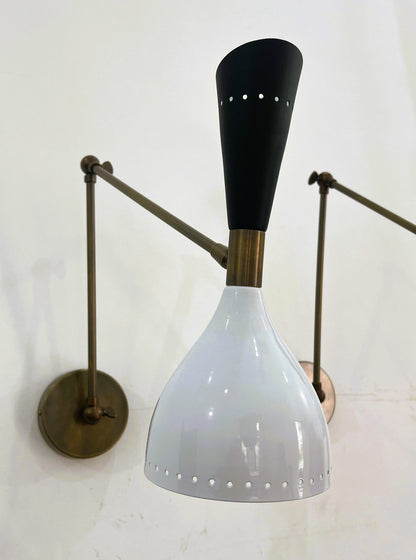 Italian Mid-Century Stilnovo-Style Brass Wall Sconce — Black & White Diabolo Shade with Articulating Arm