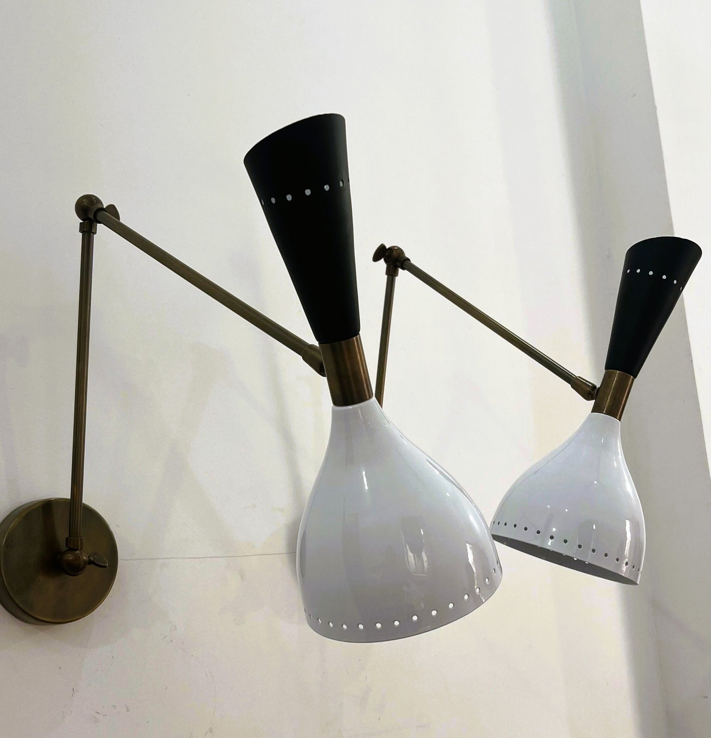 Italian Mid-Century Stilnovo-Style Brass Wall Sconce — Black & White Diabolo Shade with Articulating Arm