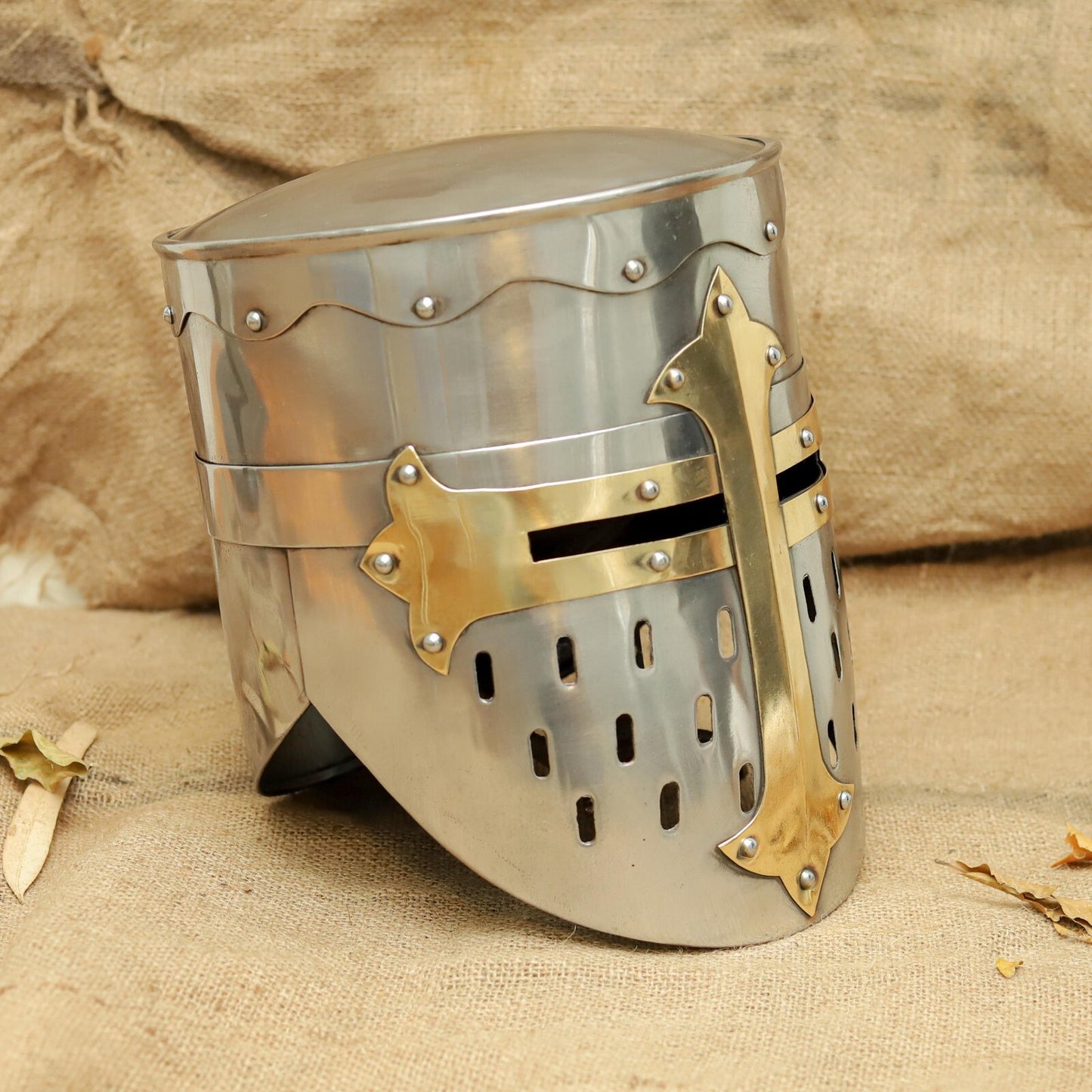 Crusader Templar Great Helmet — Brass Cross